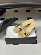CHANEL 26S HIGH HEEL MULE IN BEIGE LAMBSKIN WITH GOLD TONE CC LOGO