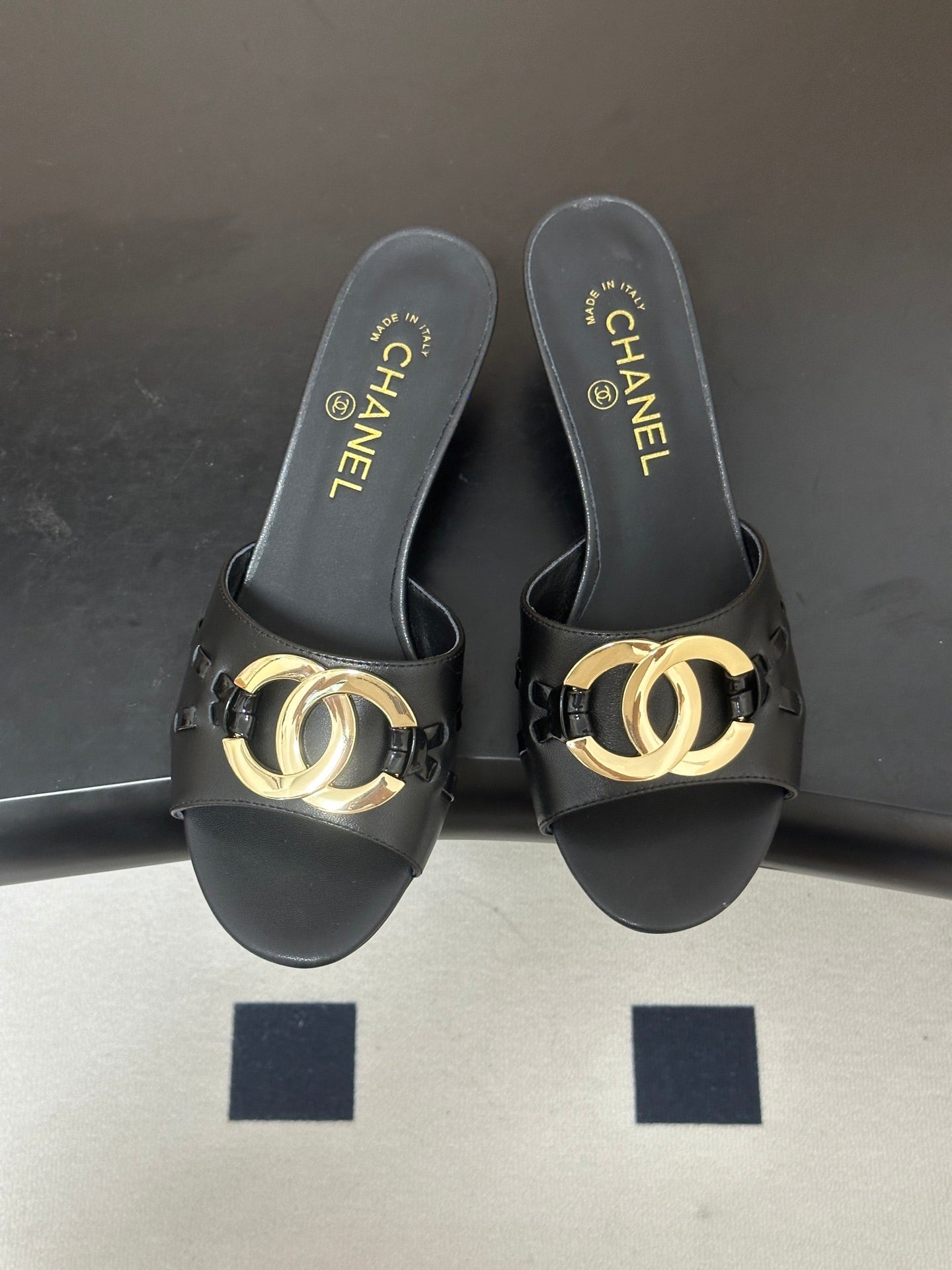 CHANEL 26S HIGH HEEL MULE IN BLACK LAMBSKIN WITH GOLD TONE CC LOGO