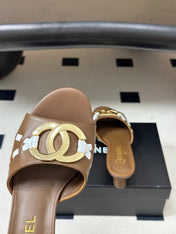 CHANEL 26S HIGH HEEL MULE IN BROWN LAMBSKIN WITH GOLD TONE CC LOGO