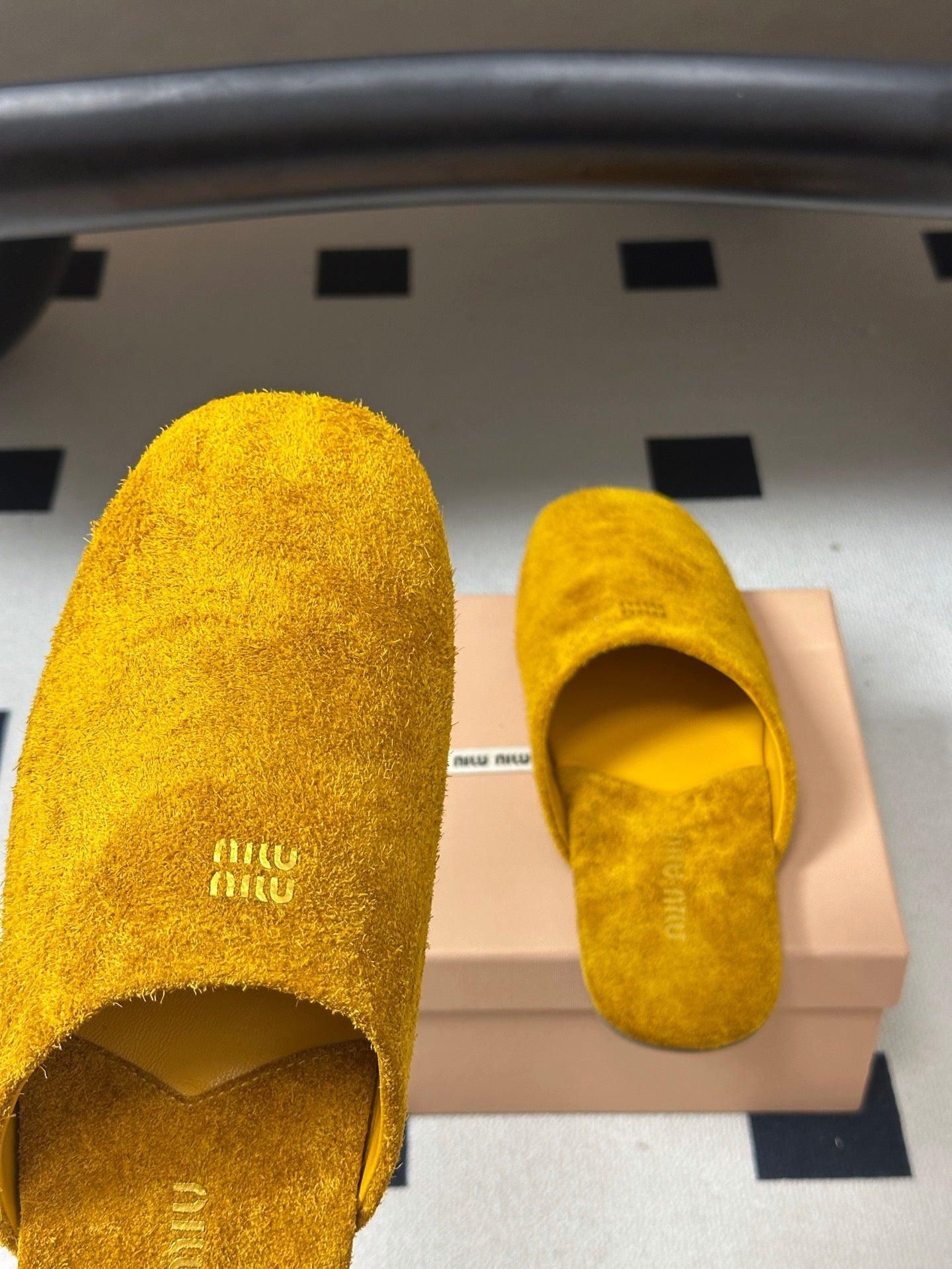 MIUMIU 26S MULE LOAFERS IN OCHRE YELLOW SUEDE LOGO