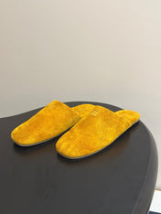 MIUMIU 26S MULE LOAFERS IN OCHRE YELLOW SUEDE LOGO