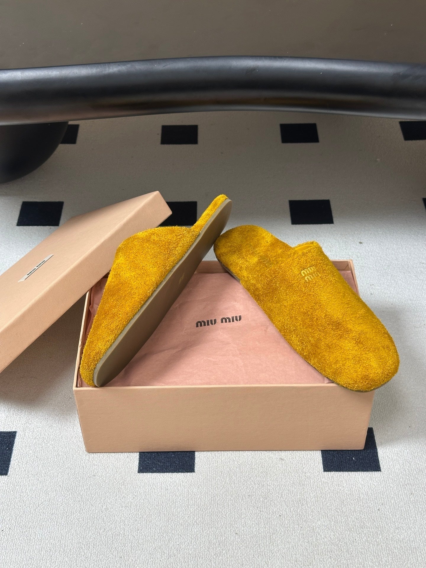 MIUMIU 26S MULE LOAFERS IN OCHRE YELLOW SUEDE LOGO