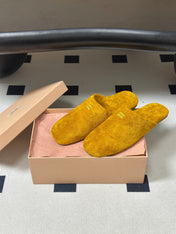 MIUMIU 26S MULE LOAFERS IN OCHRE YELLOW SUEDE LOGO