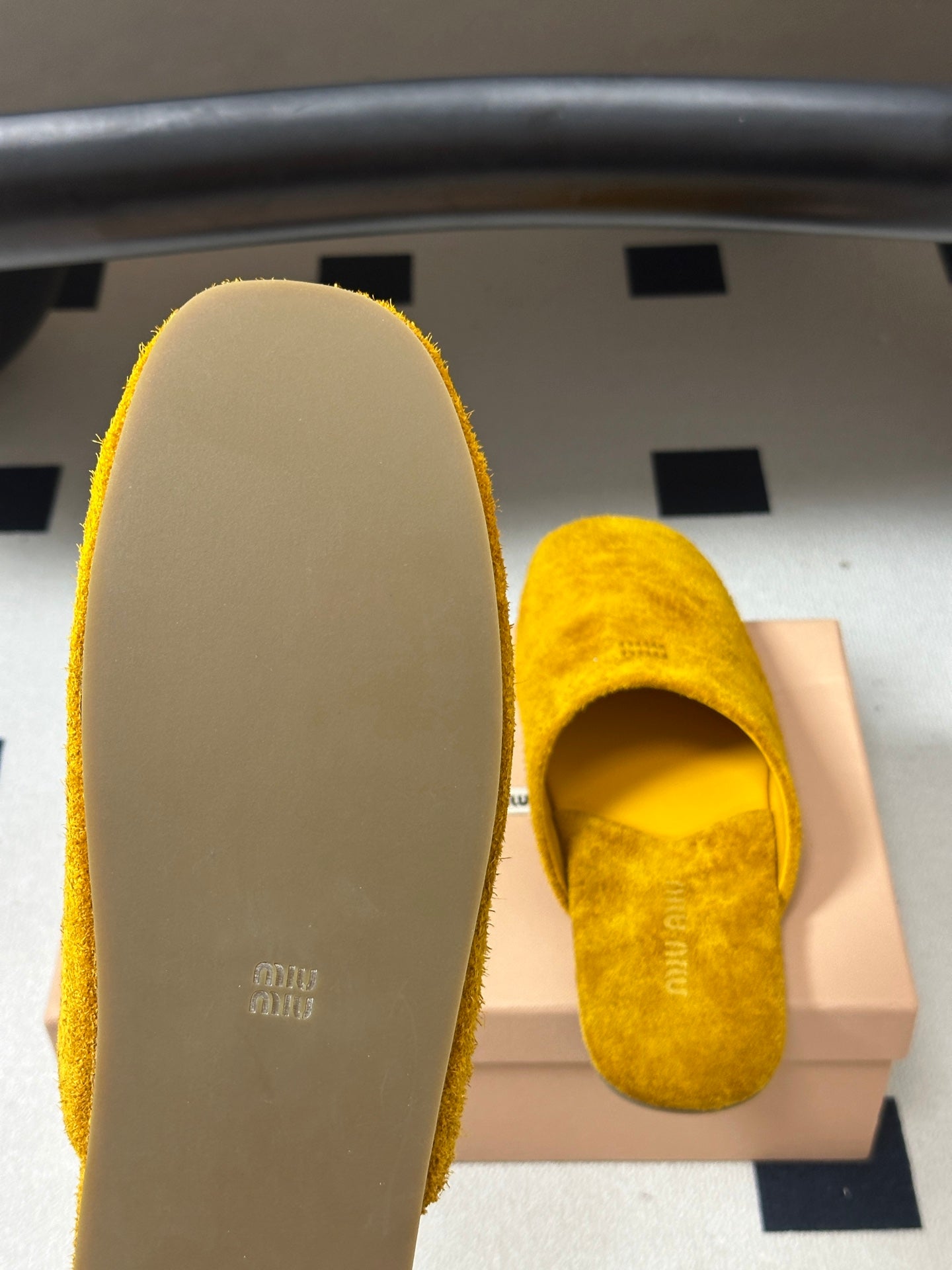 MIUMIU 26S MULE LOAFERS IN OCHRE YELLOW SUEDE LOGO