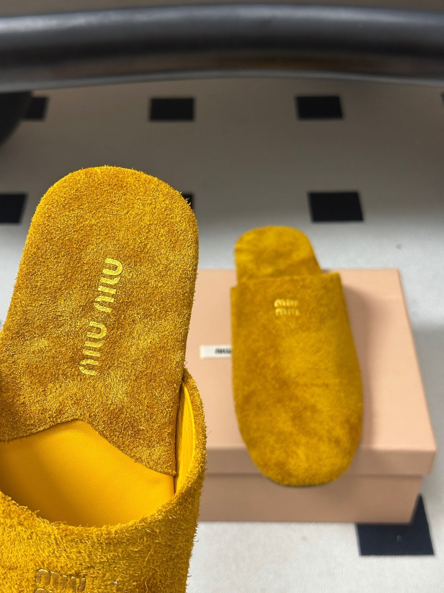 MIUMIU 26S MULE LOAFERS IN OCHRE YELLOW SUEDE LOGO