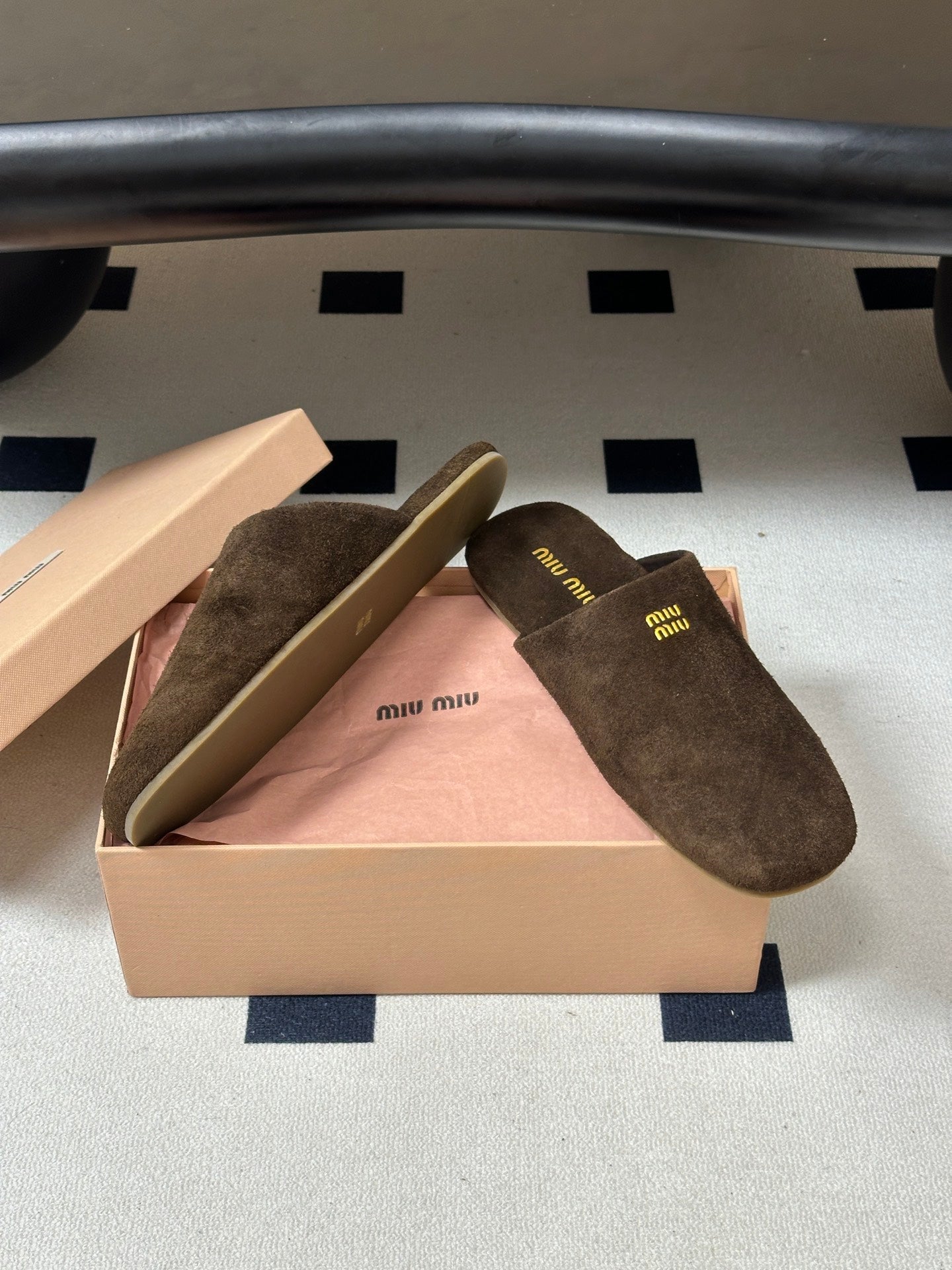 MIUMIU 26S MULE LOAFERS IN DARK BROWN SUEDE LOGO