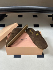 MIUMIU 26S MULE LOAFERS IN DARK BROWN SUEDE LOGO