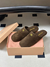 MIUMIU 26S MULE LOAFERS IN DARK BROWN SUEDE LOGO