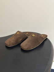 MIUMIU 26S MULE LOAFERS IN DARK BROWN SUEDE LOGO