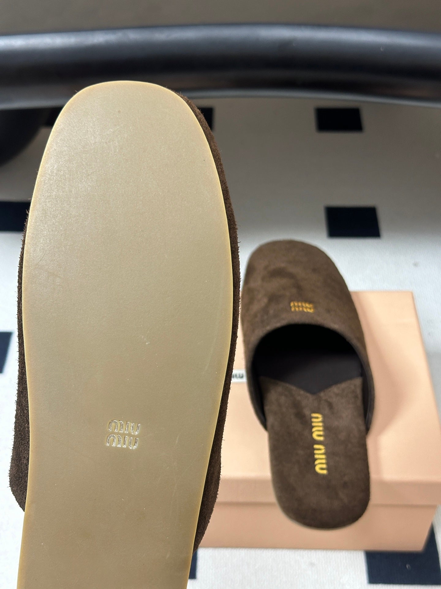 MIUMIU 26S MULE LOAFERS IN DARK BROWN SUEDE LOGO