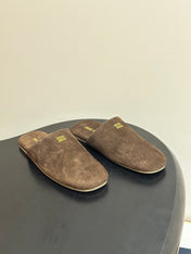 MIUMIU 26S MULE LOAFERS IN DARK BROWN SUEDE LOGO