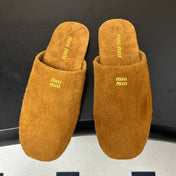 MIUMIU 26S MULE LOAFERS IN TAN BROWN SUEDE LOGO