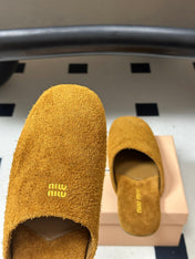 MIUMIU 26S MULE LOAFERS IN TAN BROWN SUEDE LOGO