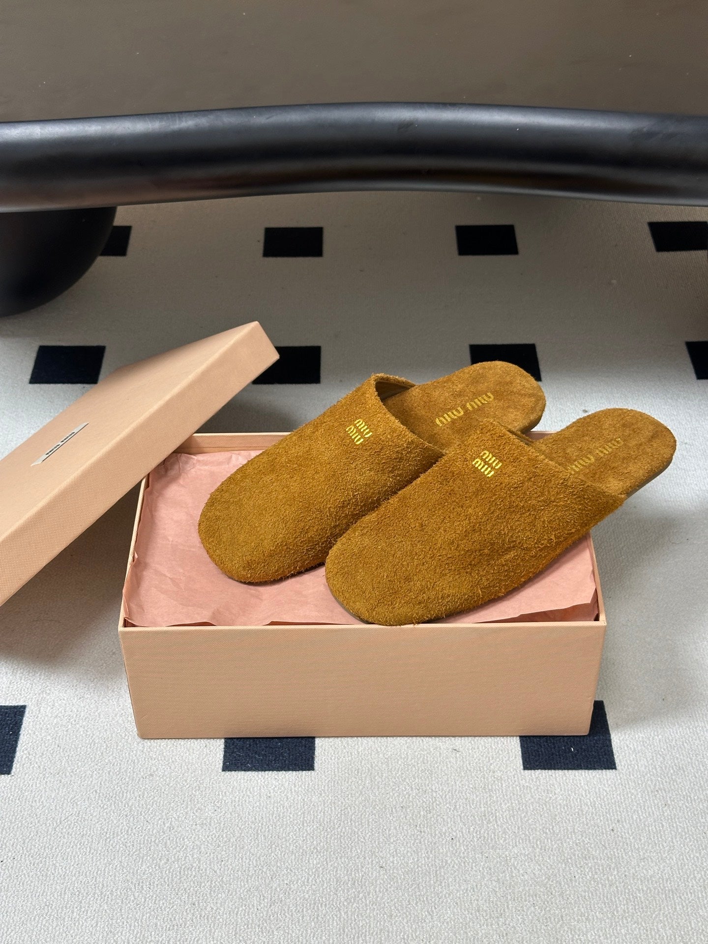 MIUMIU 26S MULE LOAFERS IN TAN BROWN SUEDE LOGO