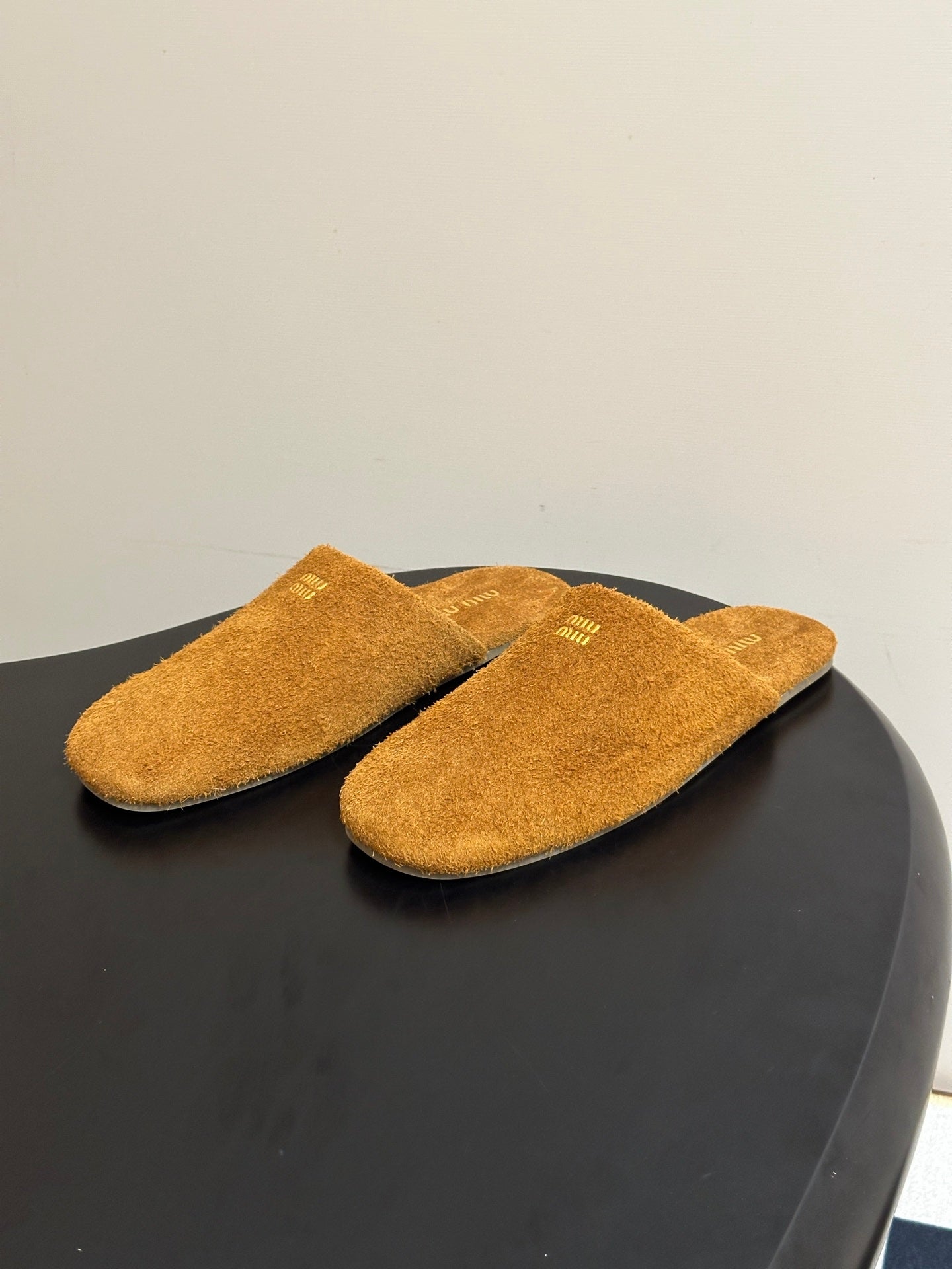 MIUMIU 26S MULE LOAFERS IN TAN BROWN SUEDE LOGO
