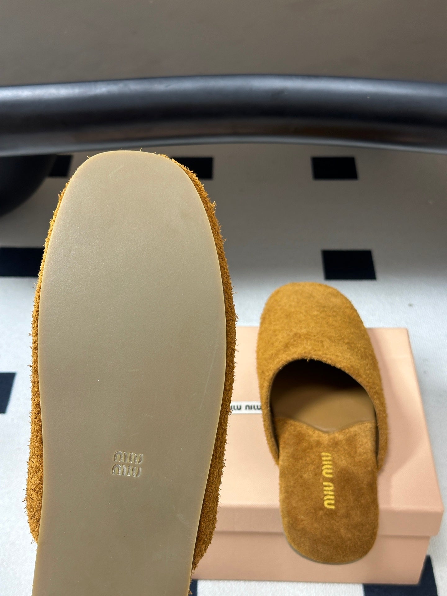 MIUMIU 26S MULE LOAFERS IN TAN BROWN SUEDE LOGO