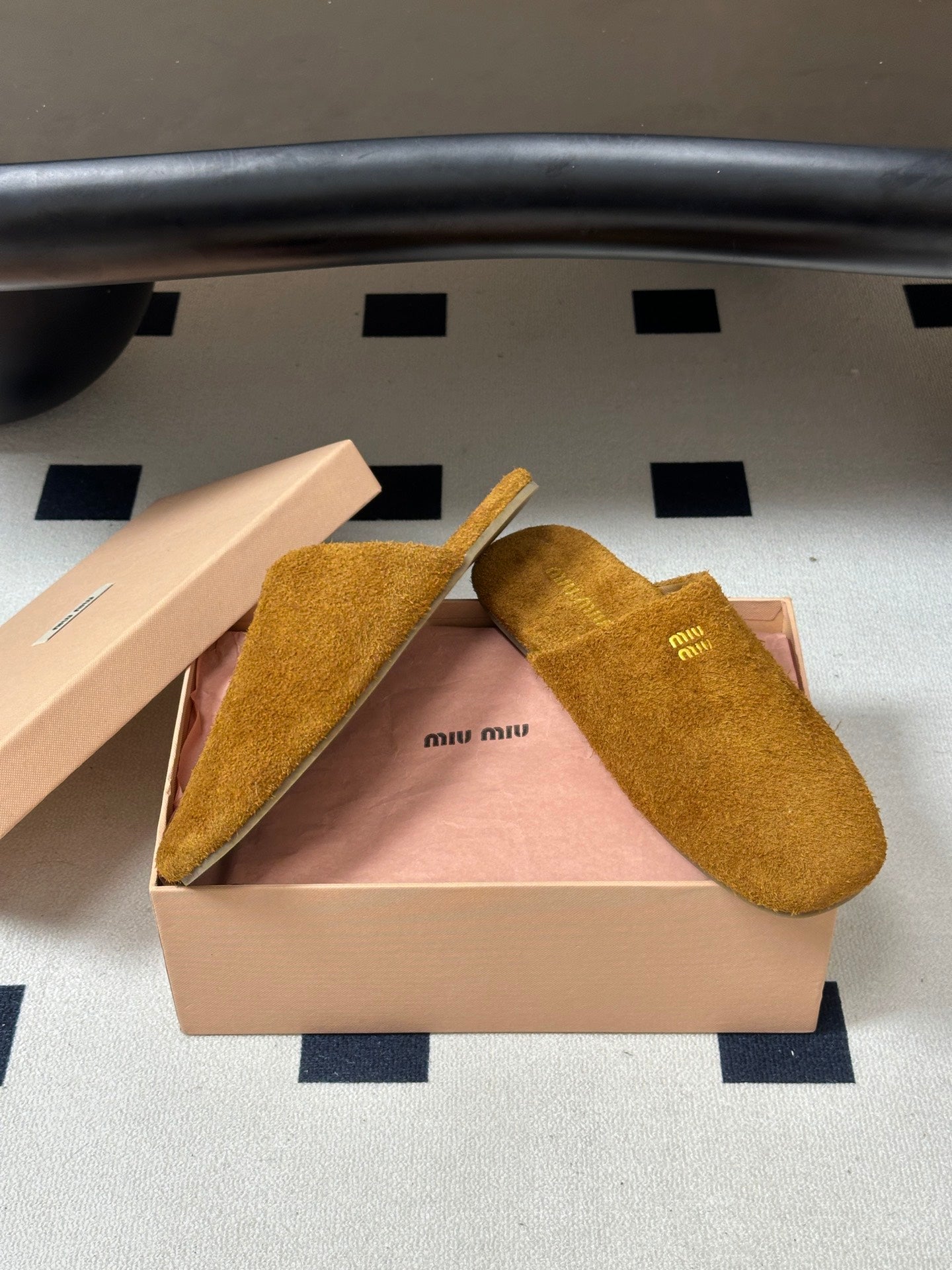 MIUMIU 26S MULE LOAFERS IN TAN BROWN SUEDE LOGO