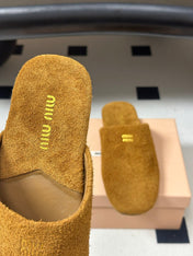MIUMIU 26S MULE LOAFERS IN TAN BROWN SUEDE LOGO