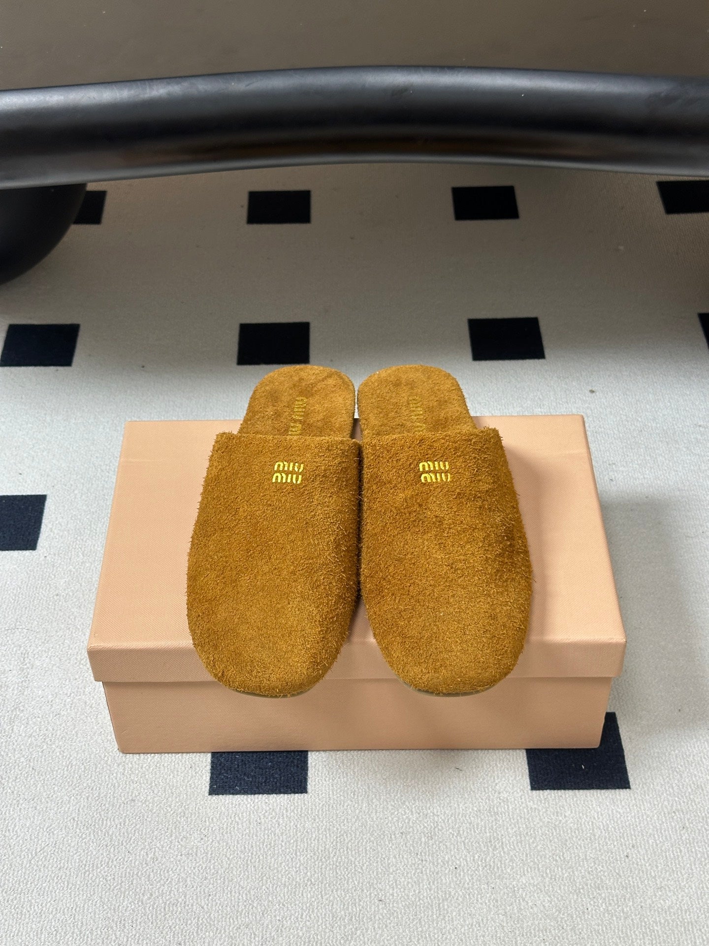 MIUMIU 26S MULE LOAFERS IN TAN BROWN SUEDE LOGO