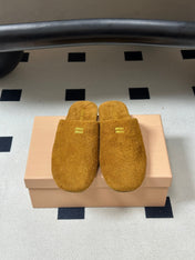 MIUMIU 26S MULE LOAFERS IN TAN BROWN SUEDE LOGO