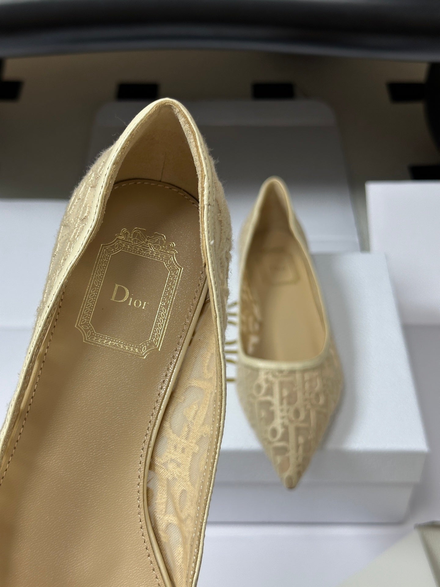 DIOR 26S POINTED-TOE FLATS IN BEIGE MESH OBLIQUE EMBROIDERED CANVAS