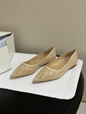 DIOR 26S POINTED-TOE FLATS IN BEIGE MESH OBLIQUE EMBROIDERED CANVAS