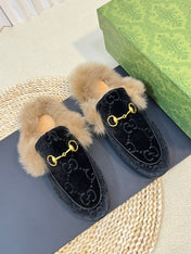 HORSEBIT MULE IN BLACK MONOGRAM VELVET AND LAMB WOOL LINING