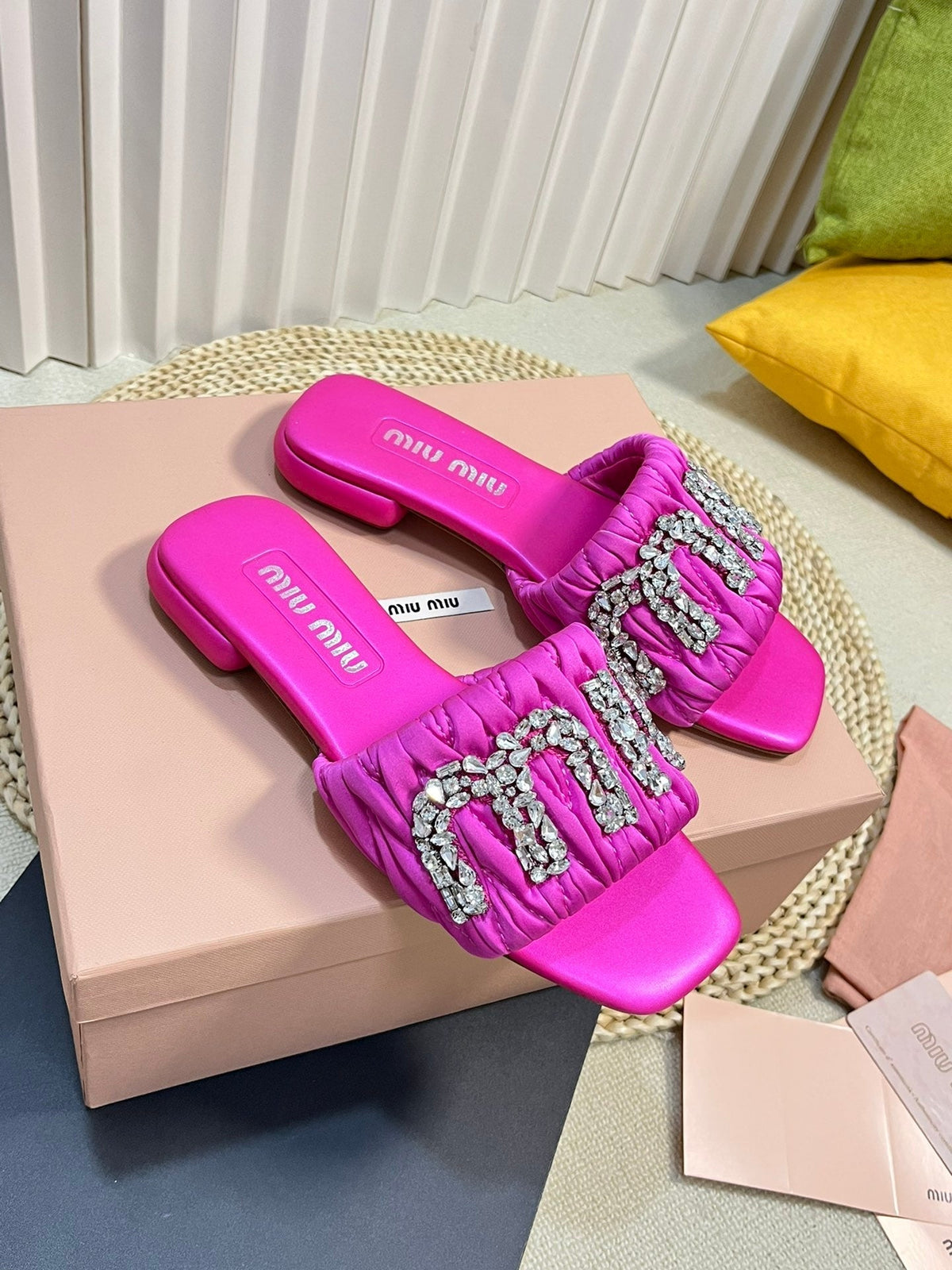 Women's Bright Pink Leather Diamond Slippers