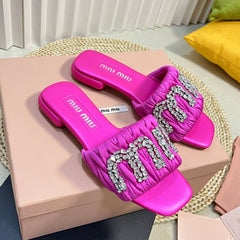 Women's Bright Pink Leather Diamond Slippers