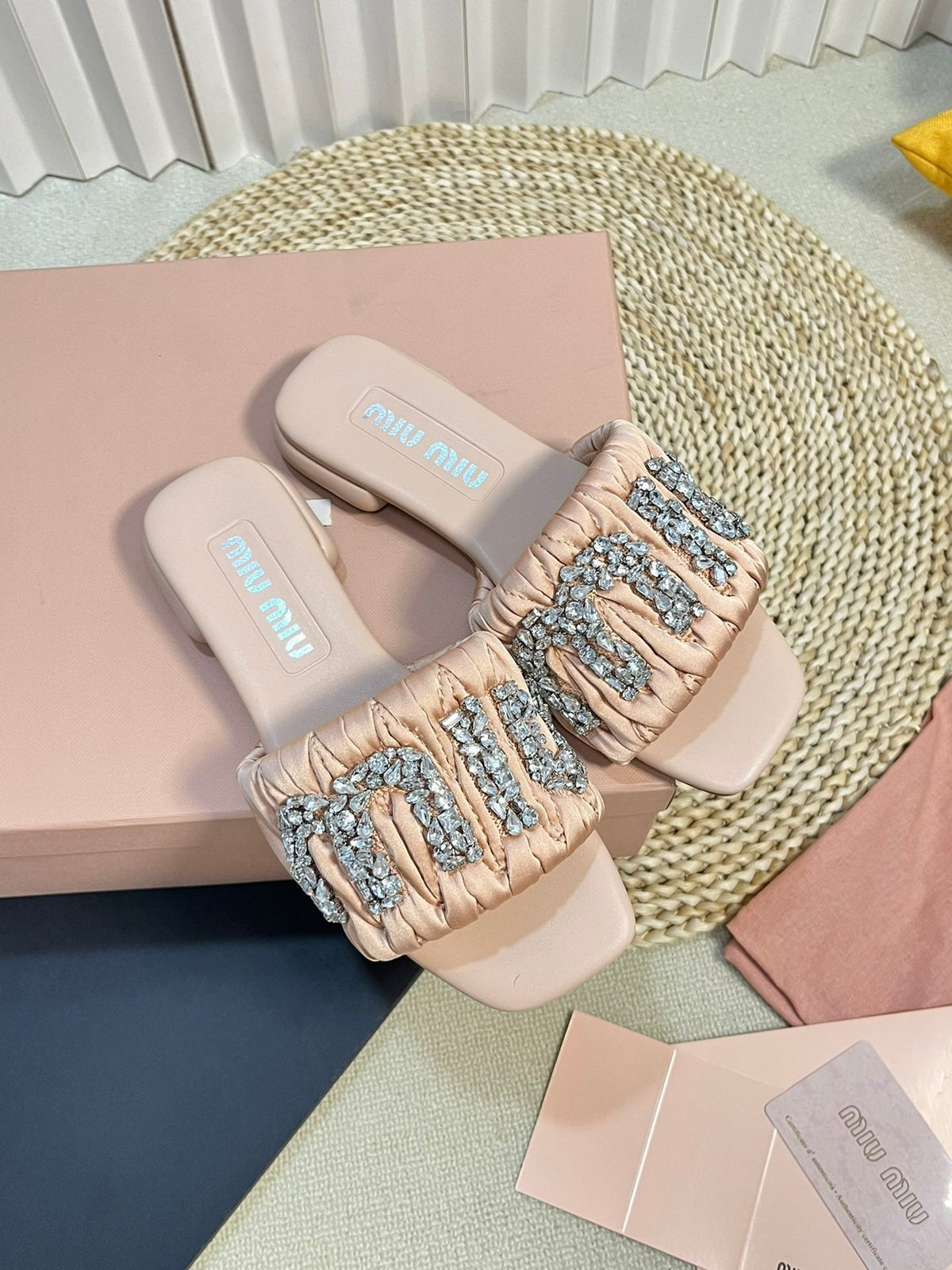 Women's Pastel Pink Leather Diamond Slippers