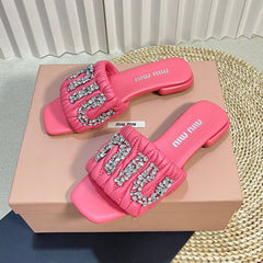 Women's Neon Pink Leather Diamond Slippers