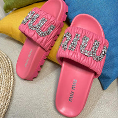 Neon Pink Sheepskin Diamond Slippers