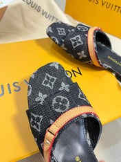LV 26S ANKLE STRAP FLATS IN BLACK MONOGRAM DENIM