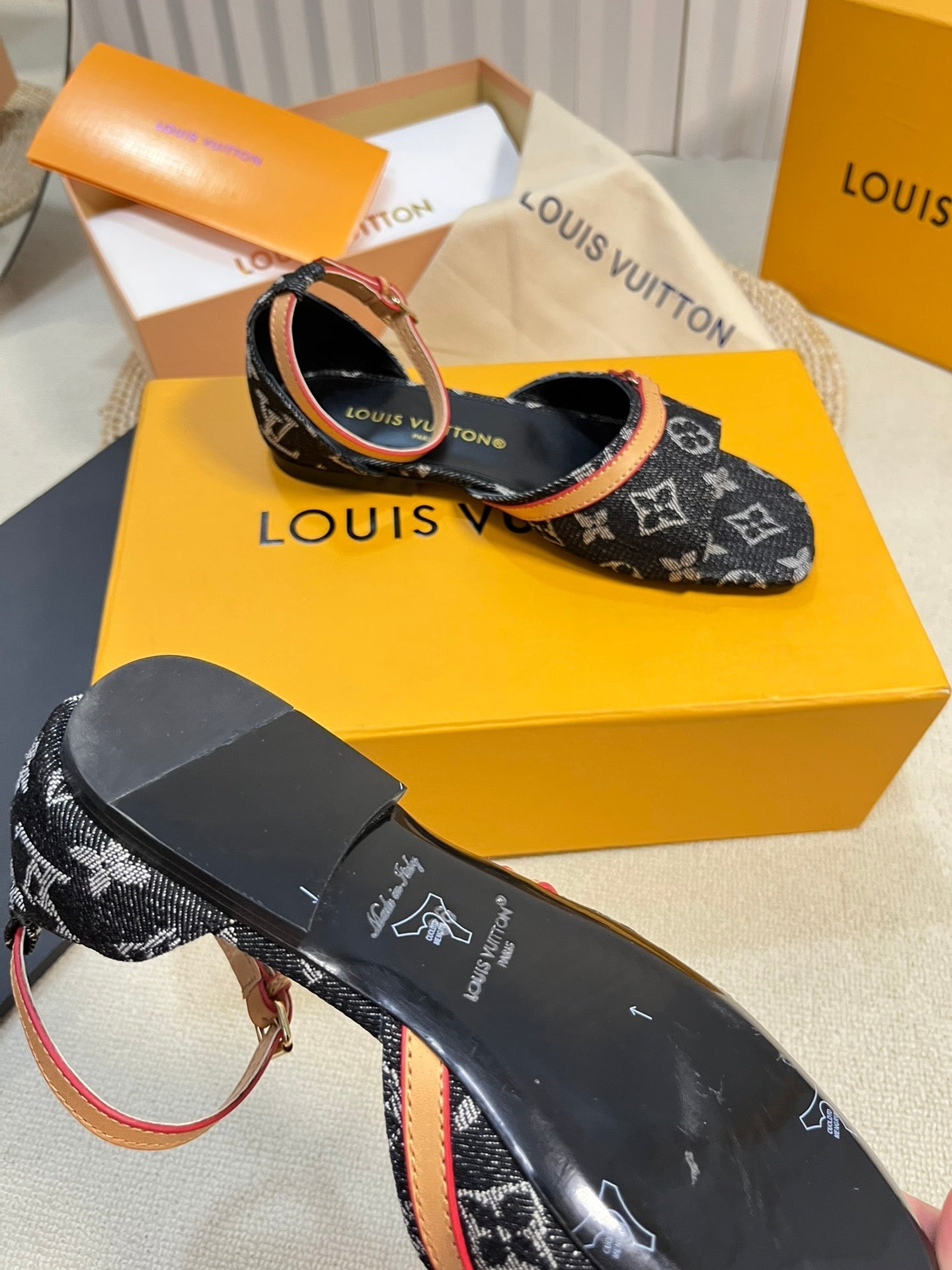 LV 26S ANKLE STRAP FLATS IN BLACK MONOGRAM DENIM