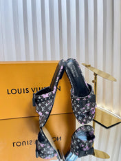 LV 26S FLAT MULES IN BLACK CALFSKIN CHERRY BLOSSOM MONOGRAM WITH BOW