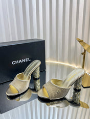 CHANEL 26S EMBELLISHED HEELED SANDALS 80 MM IN GOLD LAMBSKIN