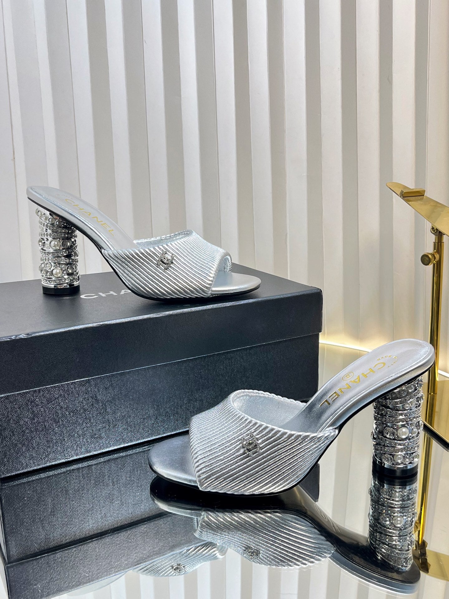 CHANEL 26S EMBELLISHED HEELED SANDALS 80 MM IN SILVER LAMBSKIN