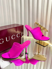 GUCCI 26S HIGH-HEELED SANDALS 100 MM IN DARK PINK SATIN