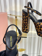 MIUMIU 26S PLATFORM ANKLE STRAP SANDALS 120MM IN LEOPARD PRINT CALF HAIR WITH BOW