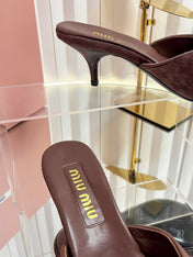 MIUMIU 26S MULE SANDALS 55MM IN DARK BROWN SUEDE WITH BOW