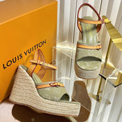 LV 26S HELIOS WEDGE SANDAL 120MM IN KHAKI GREEN MONOGRAM DENIM