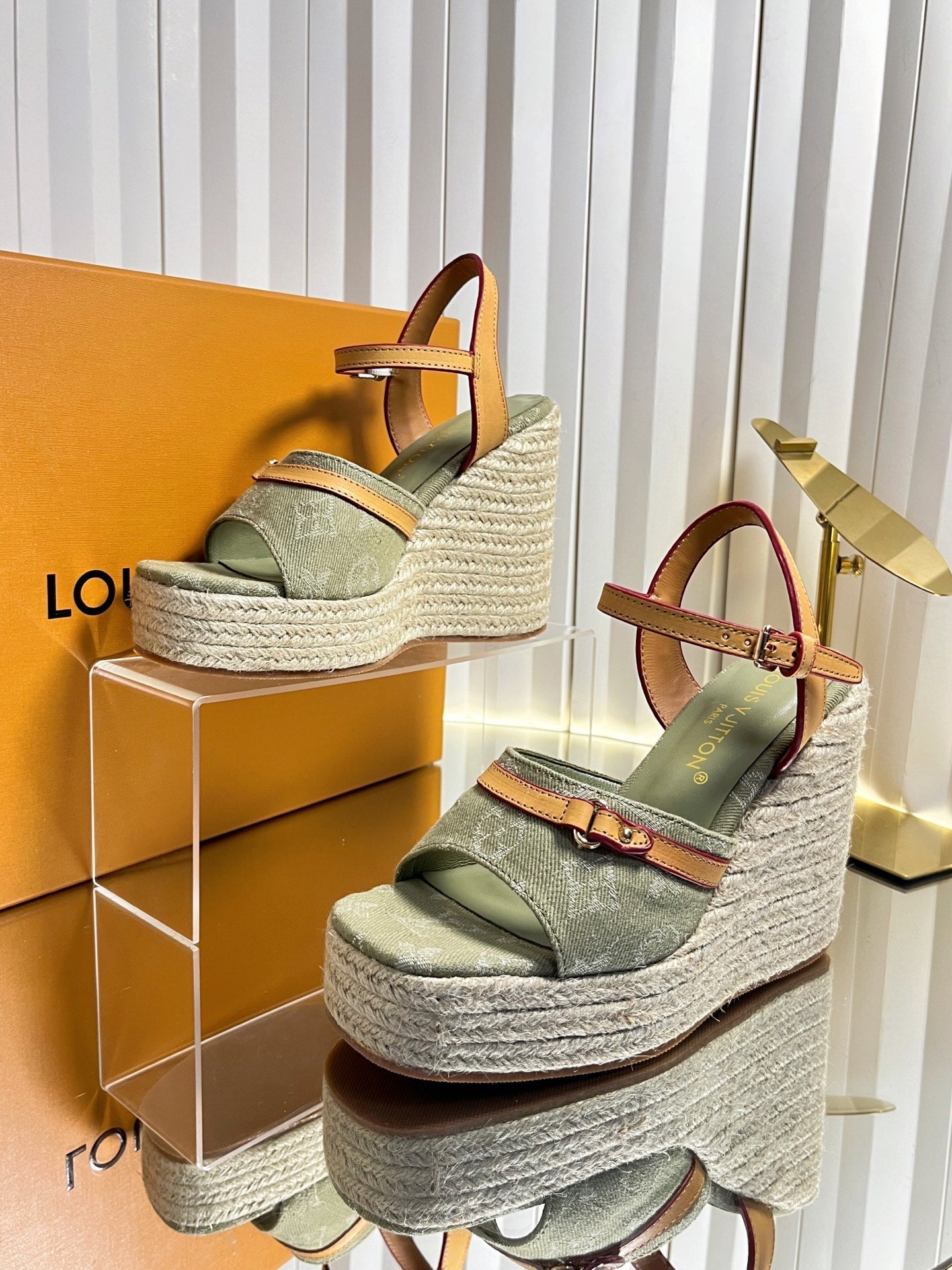 LV 26S HELIOS WEDGE SANDAL 120MM IN KHAKI GREEN MONOGRAM DENIM