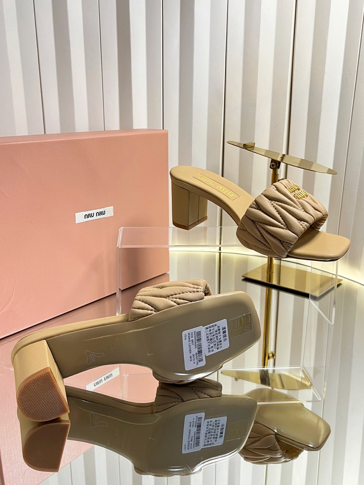 MIUMIU 26S PADDED MATELASSE MULE HEELS 65MM IN BEIGE CALFSKIN GOLD HARDWARE
