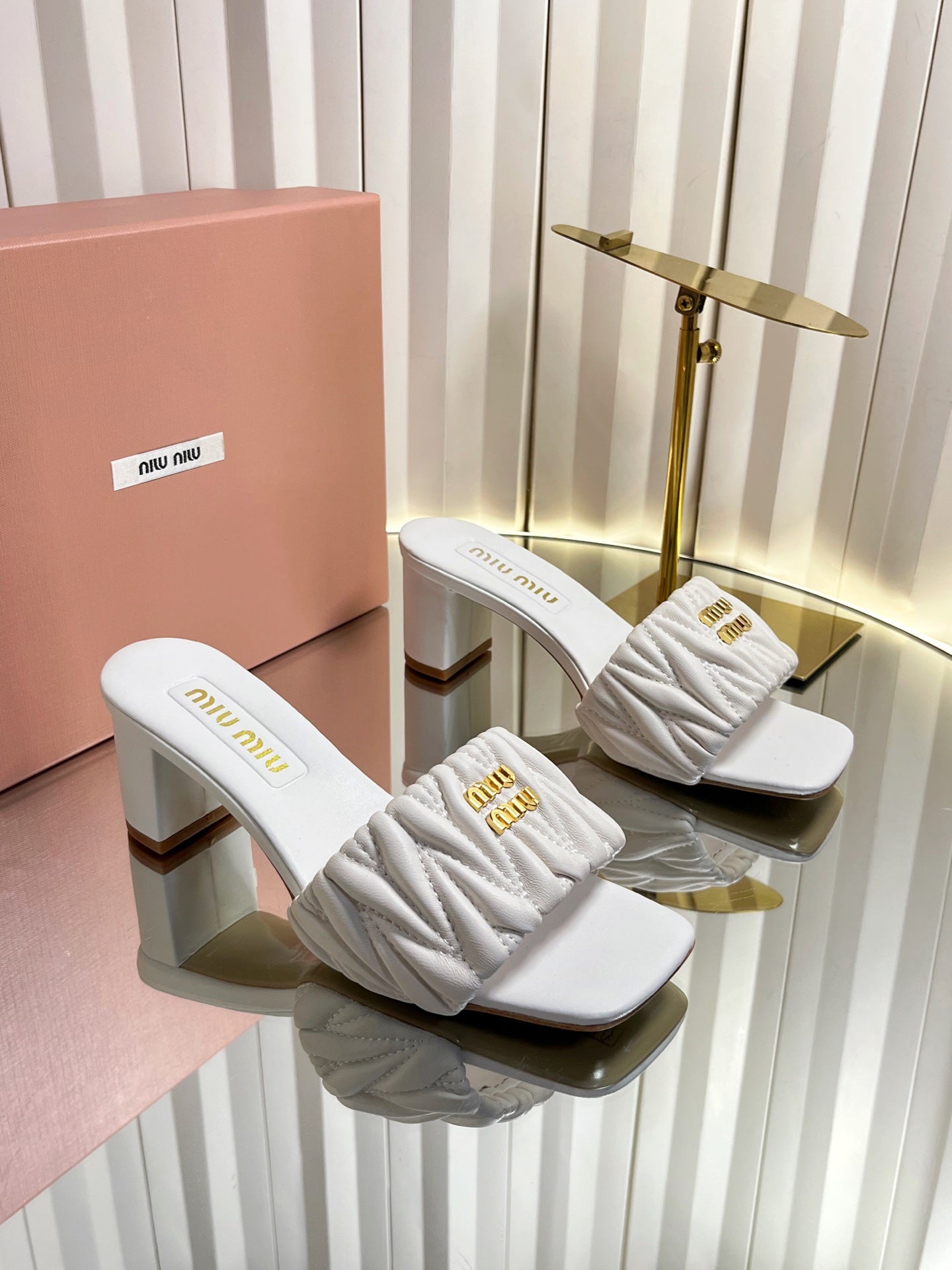 MIUMIU 26S PADDED MATELASSE MULE HEELS 65MM IN WHITE CALFSKIN GOLD HARDWARE