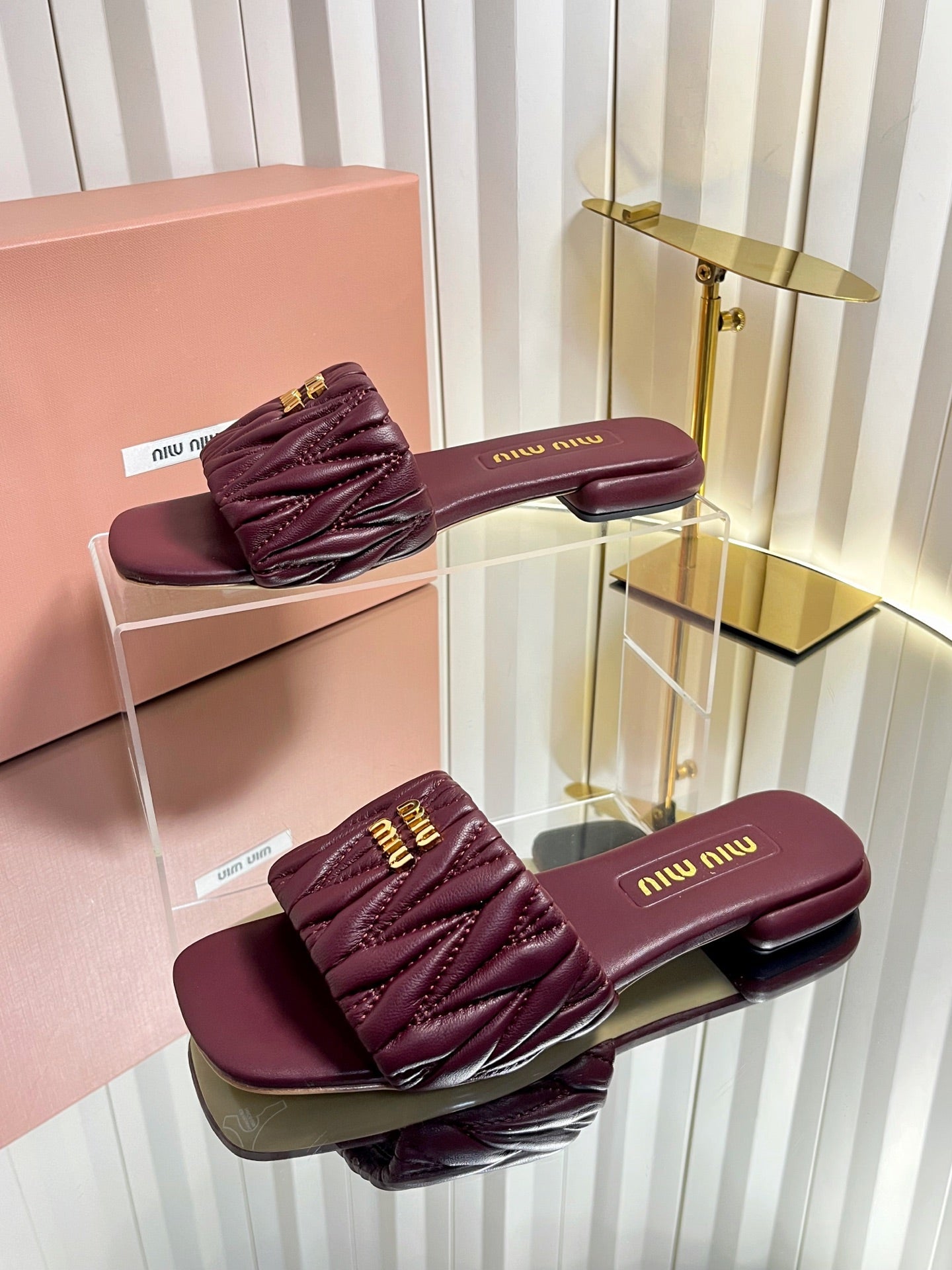 MIUMIU 26S MATELASSE SLIDES IN BURGUNDY RED CALFSKIN GOLD HARDWARE