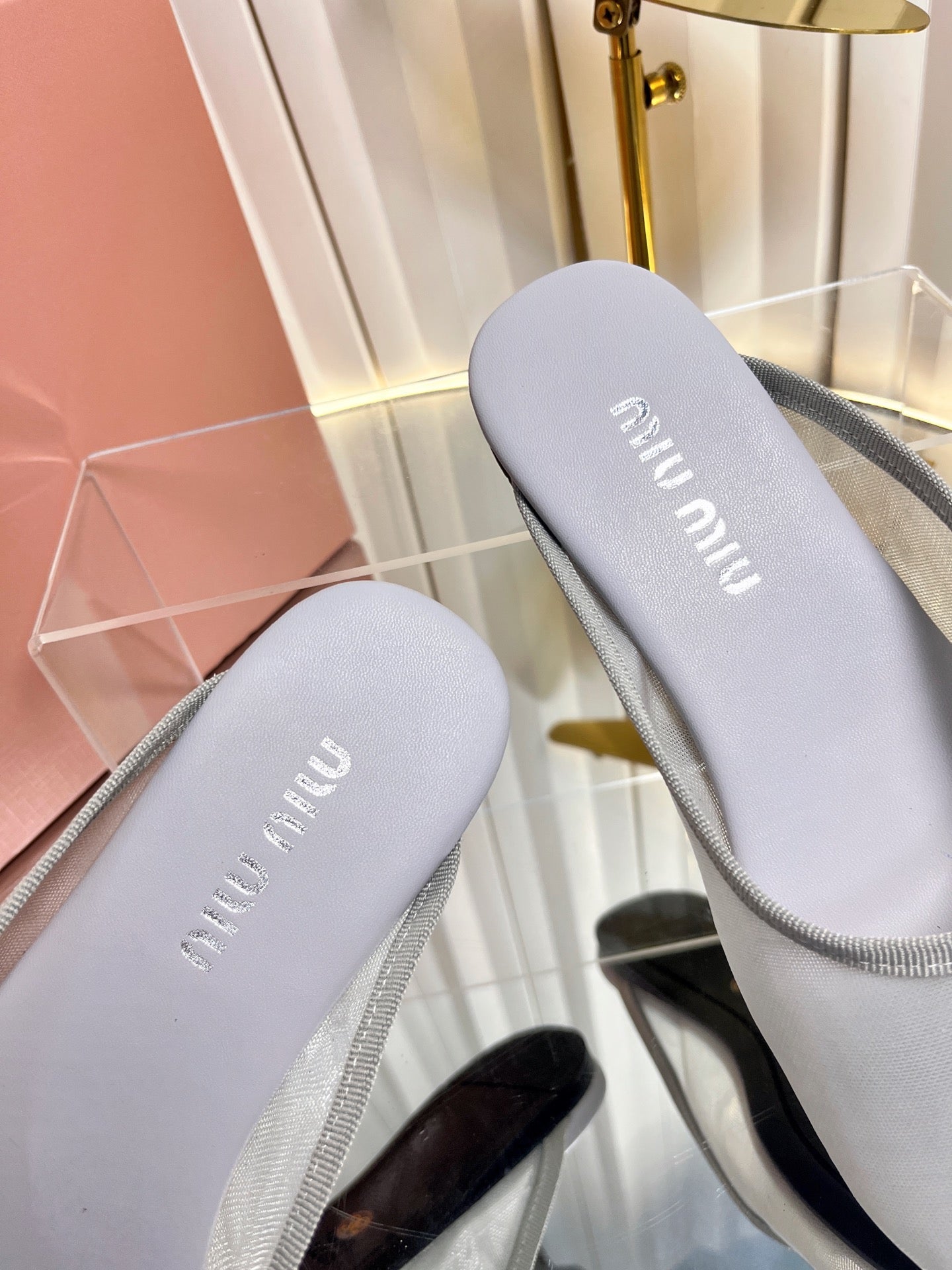 MIUMIU 26S FLAT MULES IN GREY FABRIC AND LEATHER