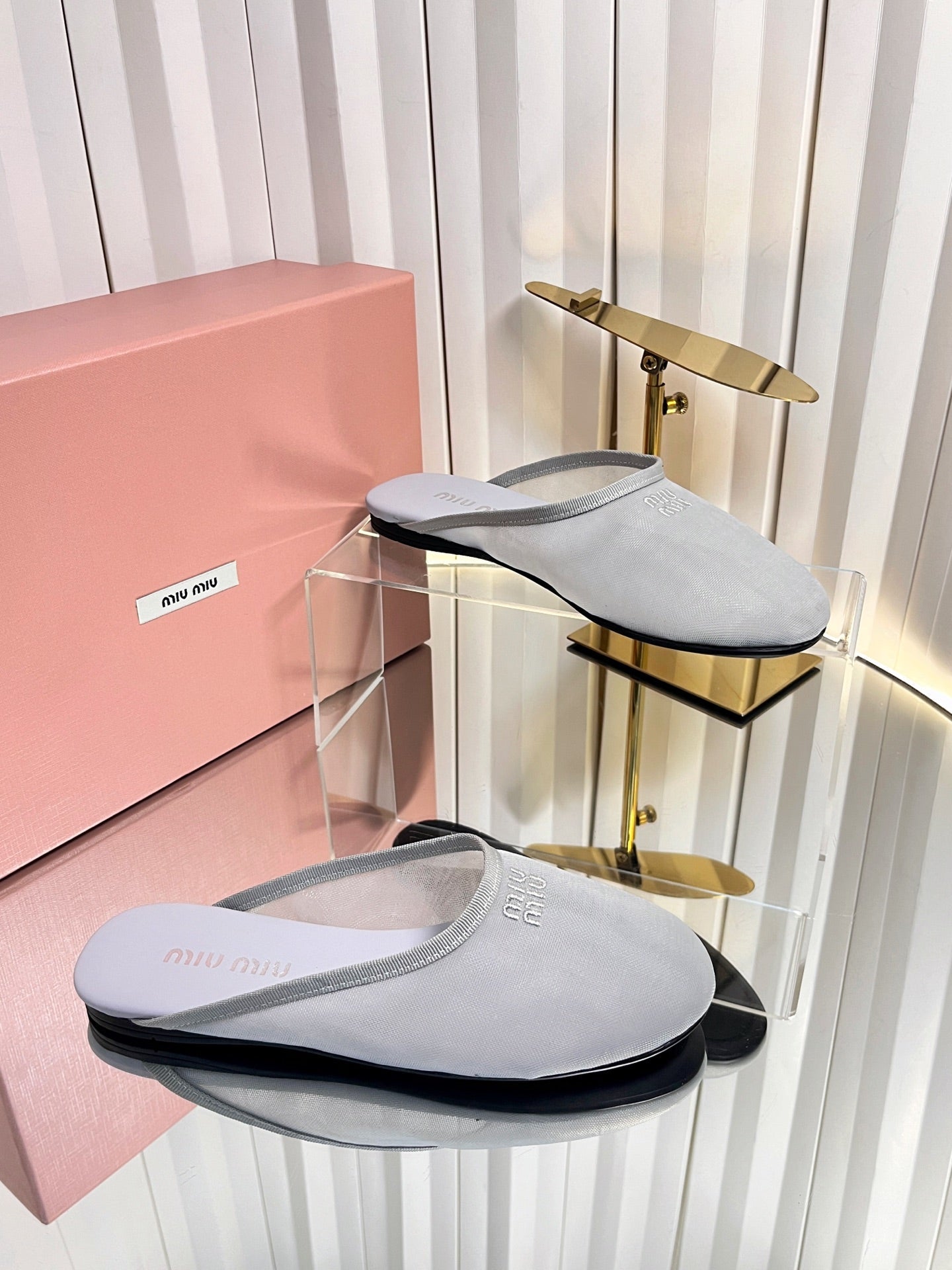 MIUMIU 26S FLAT MULES IN GREY FABRIC AND LEATHER