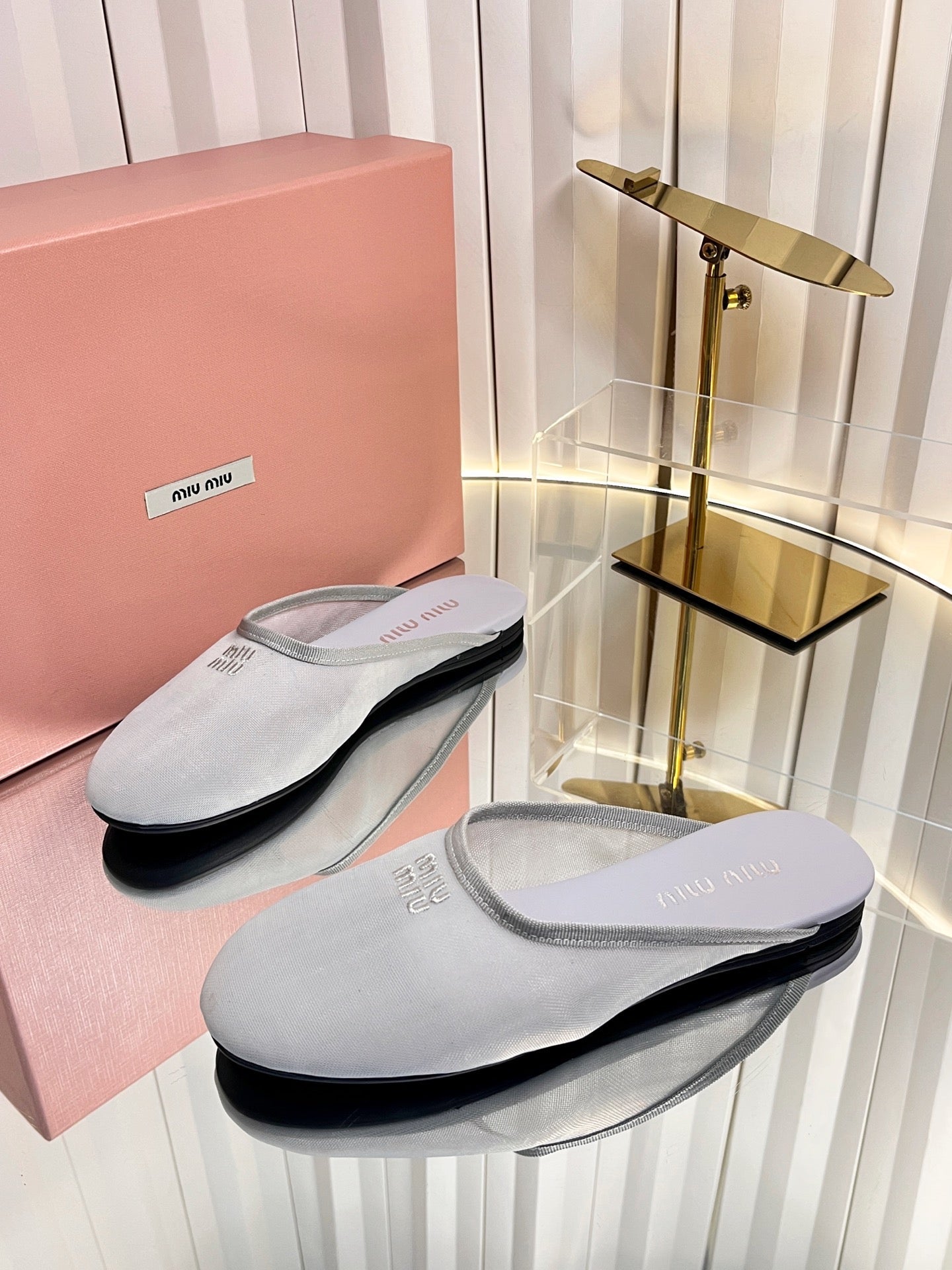 MIUMIU 26S FLAT MULES IN GREY FABRIC AND LEATHER