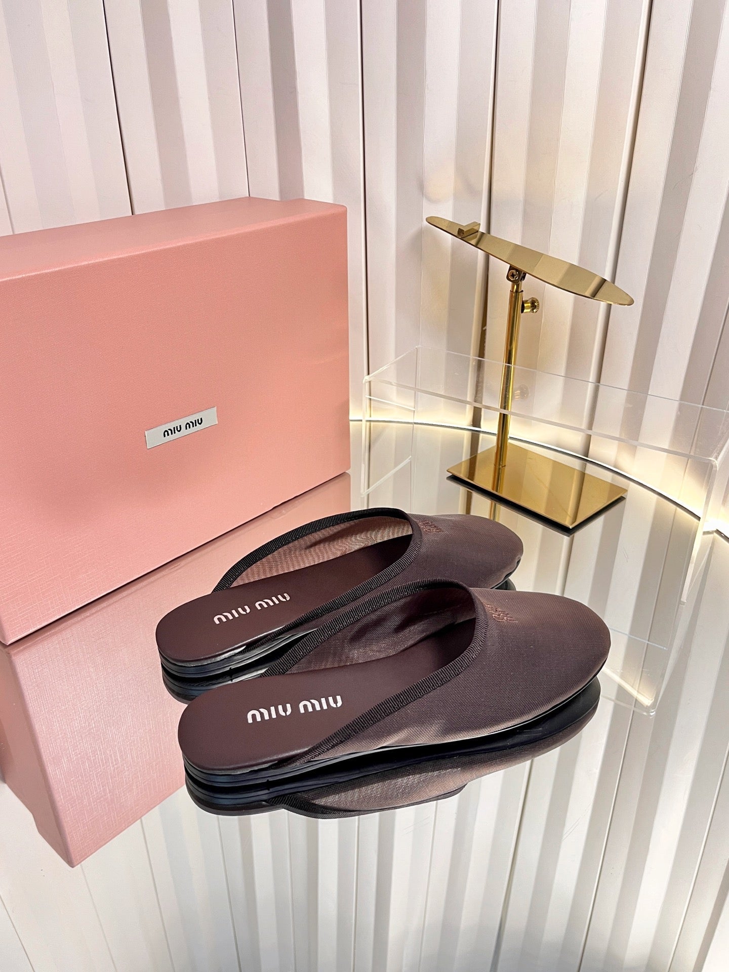 MIUMIU 26S FLAT MULES IN CHOCOLATE BROWN FABRIC AND LEATHER 