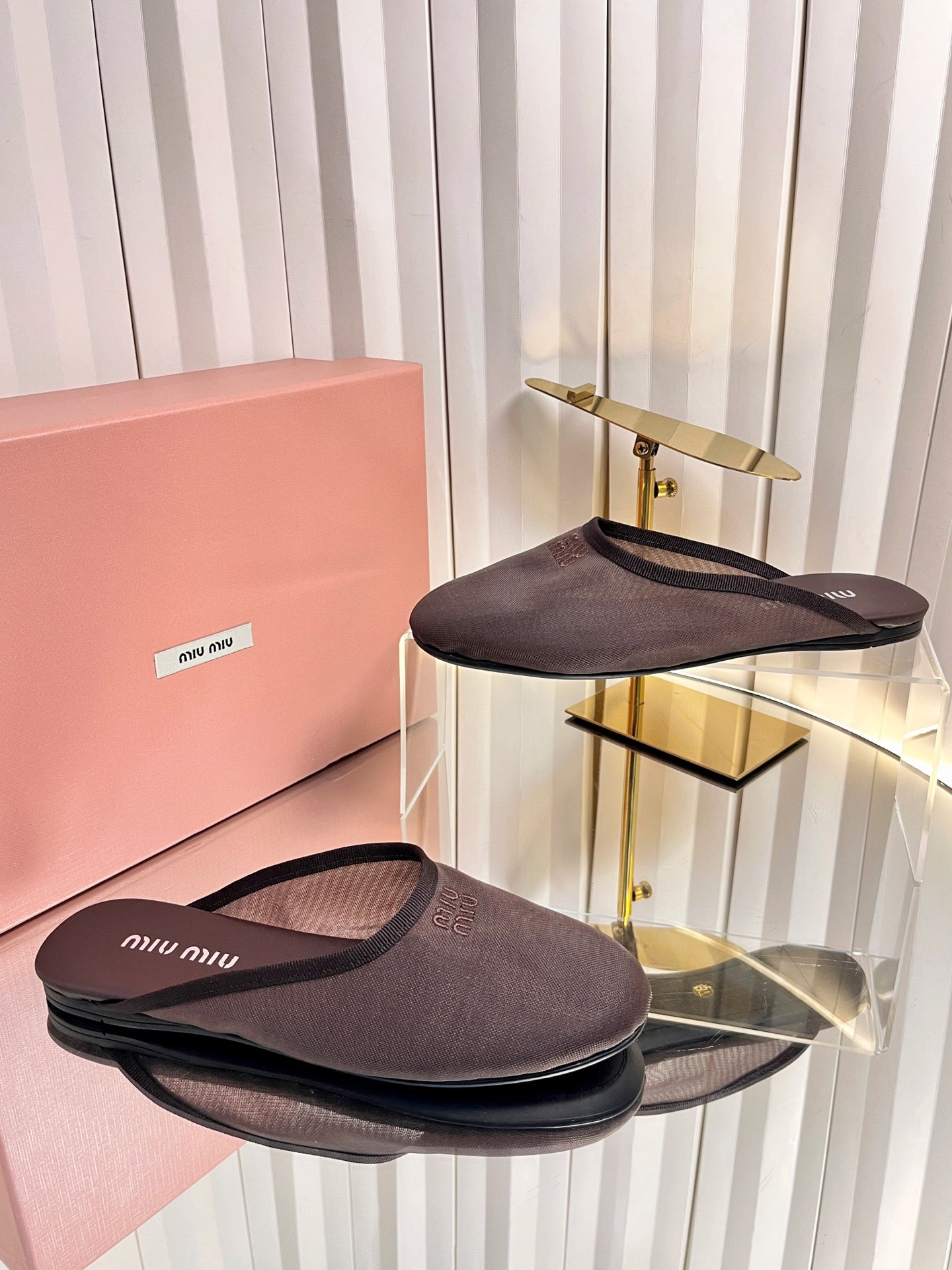 MIUMIU 26S FLAT MULES IN CHOCOLATE BROWN FABRIC AND LEATHER 